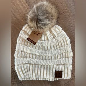 NWT Cream Ivory CC Beanie with faux fur Pom